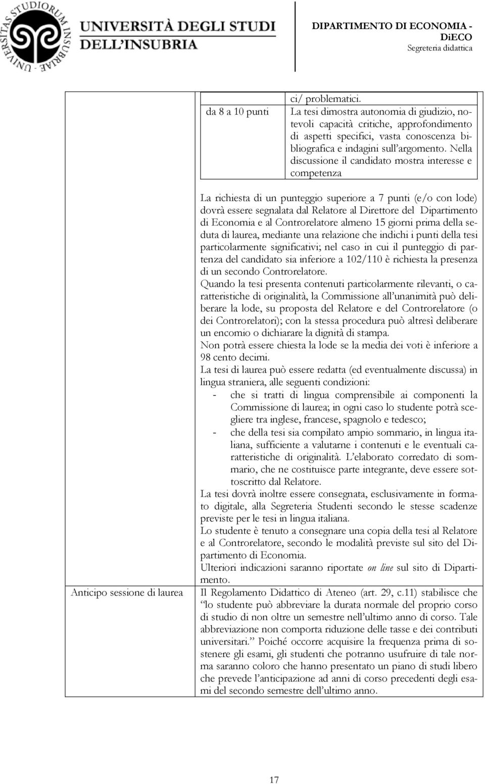 Direttore del Dipartimento di Economia e al Controrelatore almeno 15 giorni prima della seduta di laurea, mediante una relazione che indichi i punti della tesi particolarmente significativi; nel caso