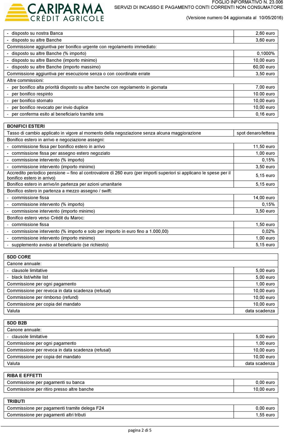 bonifico alta priorità disposto su altre banche con regolamento in giornata 7,00 euro - per bonifico respinto 10.