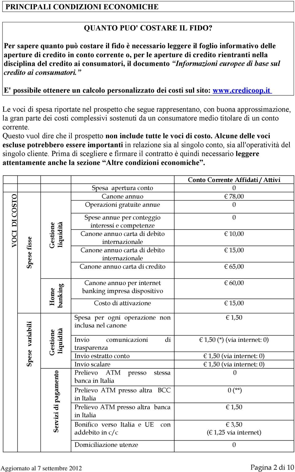 consumatori, il documento Informazioni europee di base sul credito ai consumatori. E' possibile ottenere un calcolo personalizzato dei costi sul sito: www.credicoop.