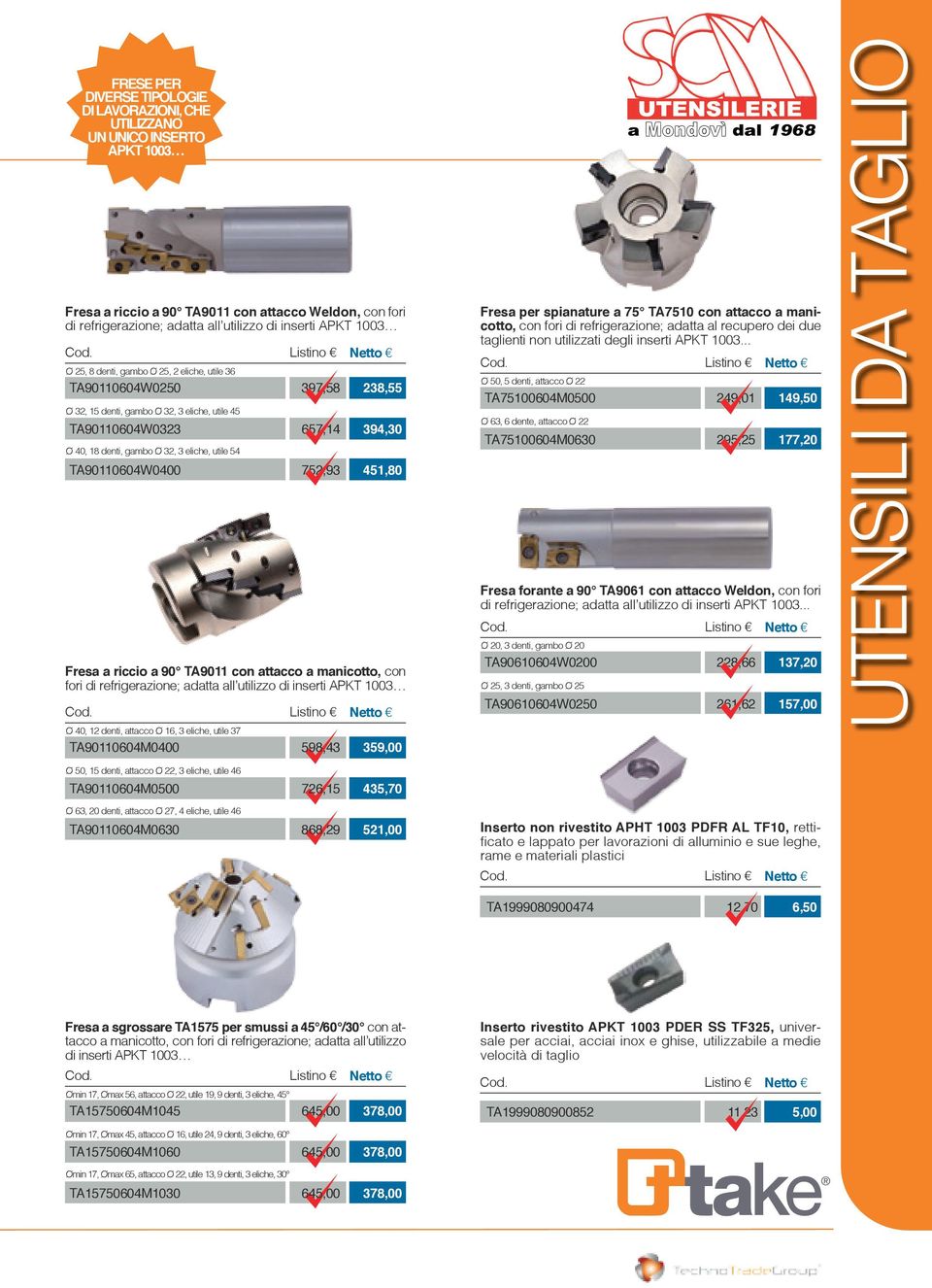 657,14 752,93 238,55 394,30 451,80 Fresa a riccio a 90 TA9011 con attacco a manicotto, con fori di refrigerazione; adatta all utilizzo di inserti APKT 1003 Ø 40, 12 denti, attacco Ø 16, 3 eliche,