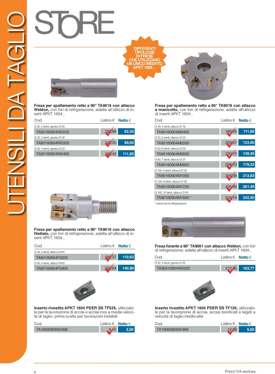 UNICO INSERTO APKT 1604 82,20 89,60 111,85 Fresa per spallamento retto a 90 TA9016 con attacco a manicotto, con fori di refrigerazione; adatta all utilizzo di inserti APKT 1604.