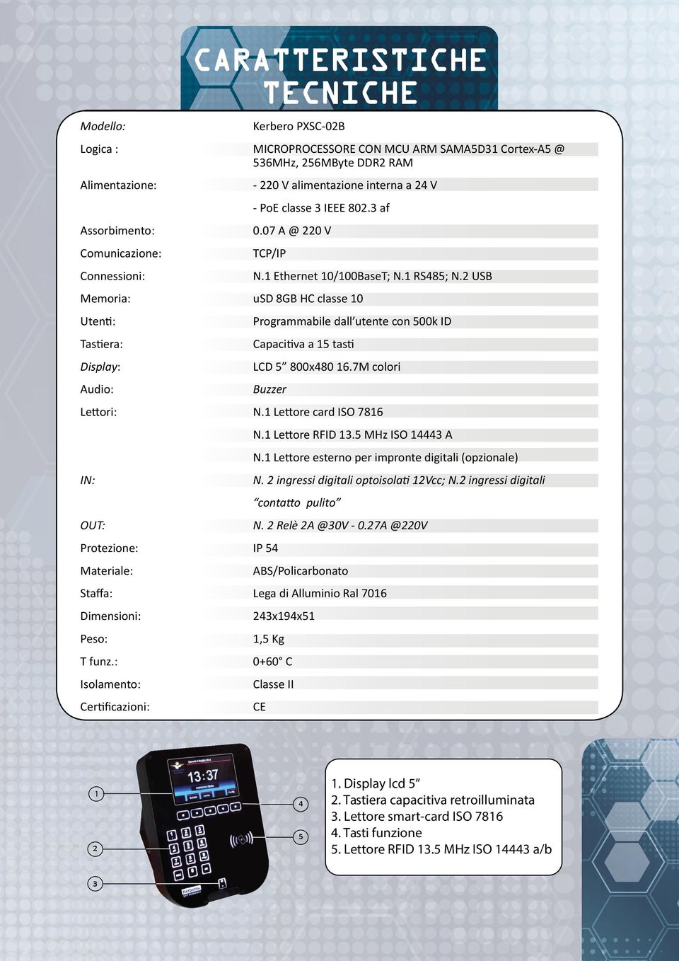 07 A10/100BaseT @ 220 V Comunicazione: MEMORIA: usdtcp/ip 8GB HC classe 10 Connessioni: UTENTI: Memoria: TASTIERA: Utenti: N.1 Ethernet 10/100BaseT; N.1 RS485; N.