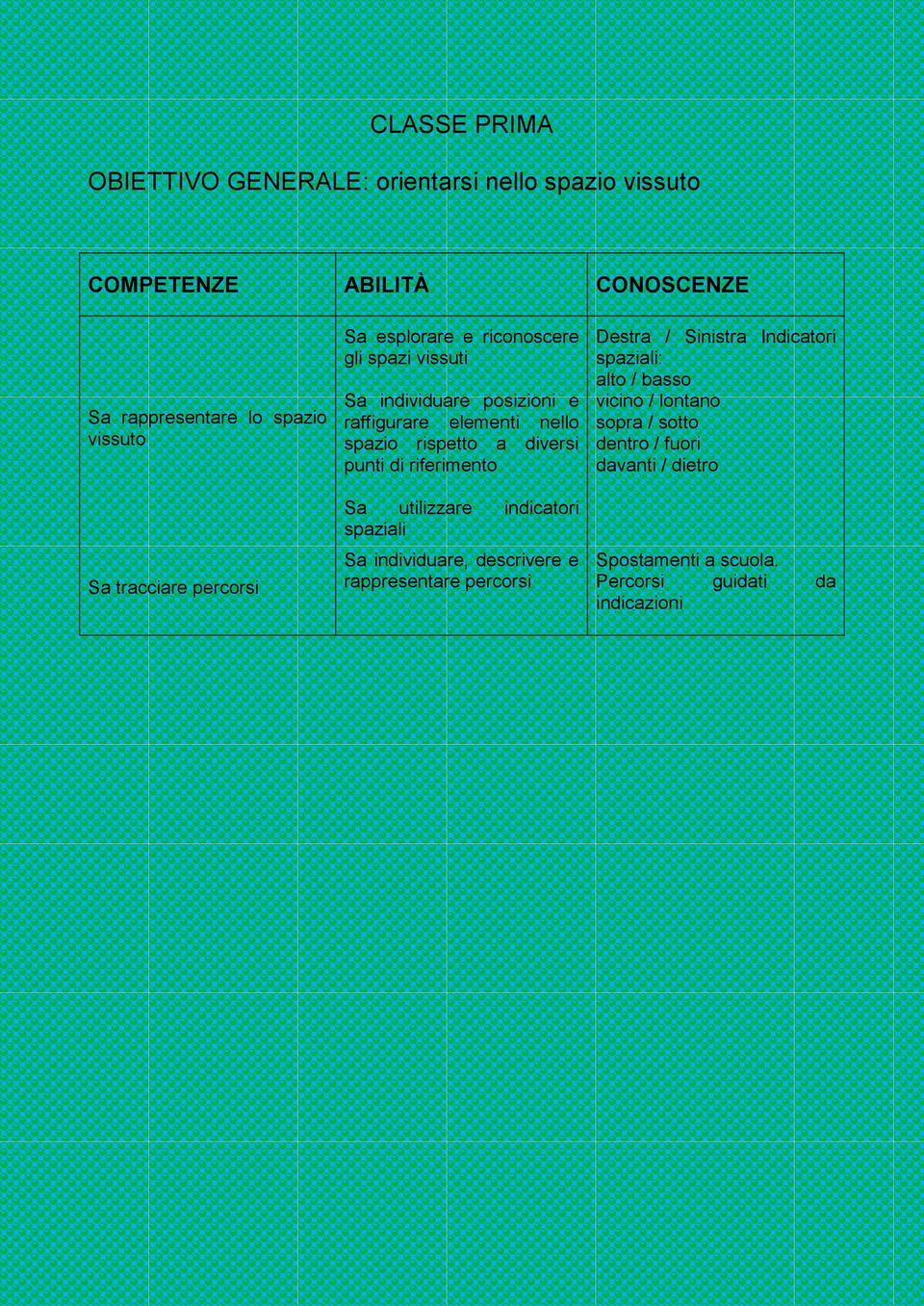 riferimento Sa utilizzare indicatori spaziali Sa individuare, descrivere e rappresentare percorsi Destra / Sinistra Indicatori