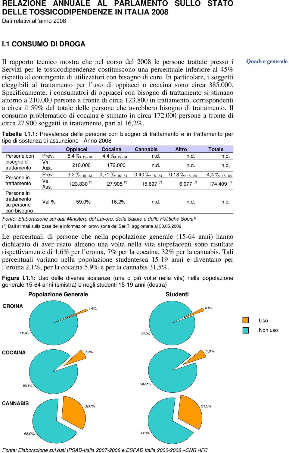 contingente di utilizzatori con bisogno di cure. In particolare, i soggetti eleggibili al trattamento per l uso di oppiacei o cocaina sono circa 385.000.