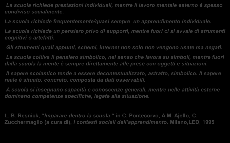 Discontinuità tra sapere scolastico e sapere reale La scuola richiede prestazioni individuali, mentre il lavoro mentale esterno è spesso condiviso socialmente.