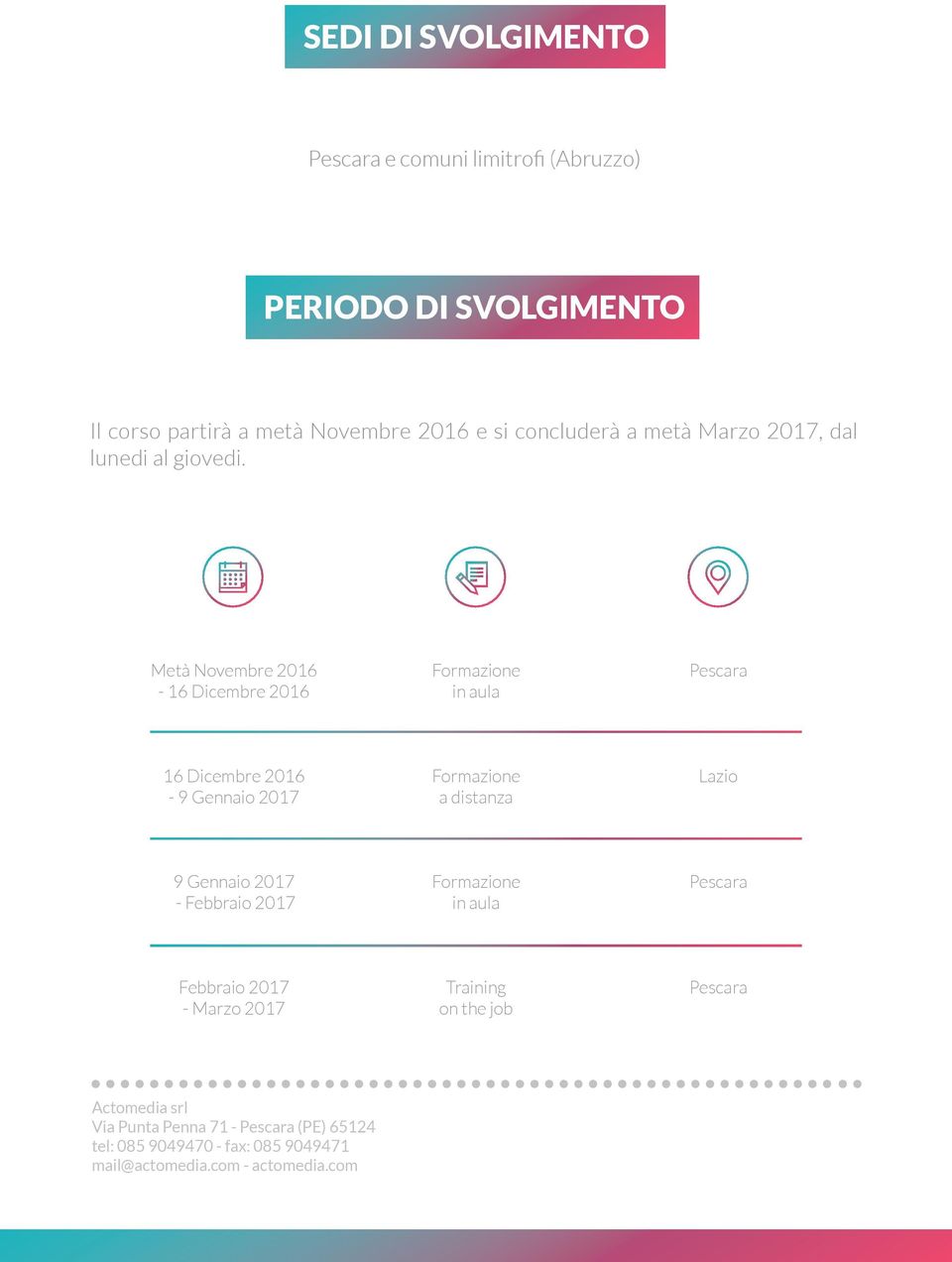 Metà Novembre 2016-16 Dicembre 2016 Formazione in aula Pescara 16 Dicembre 2016-9 Gennaio 2017