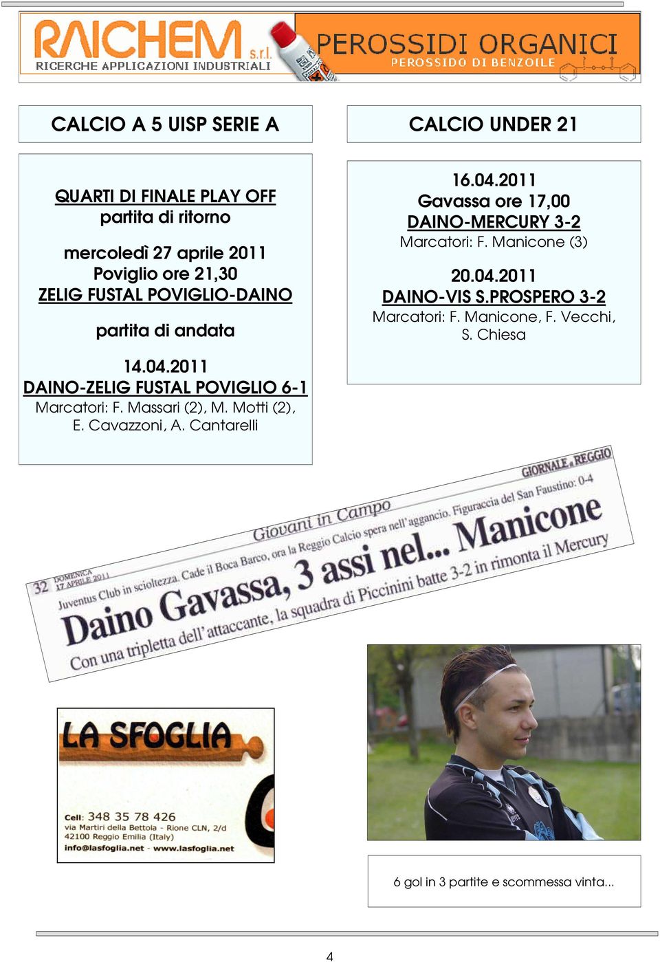 Manicone (3) 20.04.2011 DAINO-VIS S.PROSPERO 3-2 Marcatori: F. Manicone, F. Vecchi, S. Chiesa 14.04.2011 DAINO-ZELIG FUSTAL POVIGLIO 6-1 Marcatori: F.