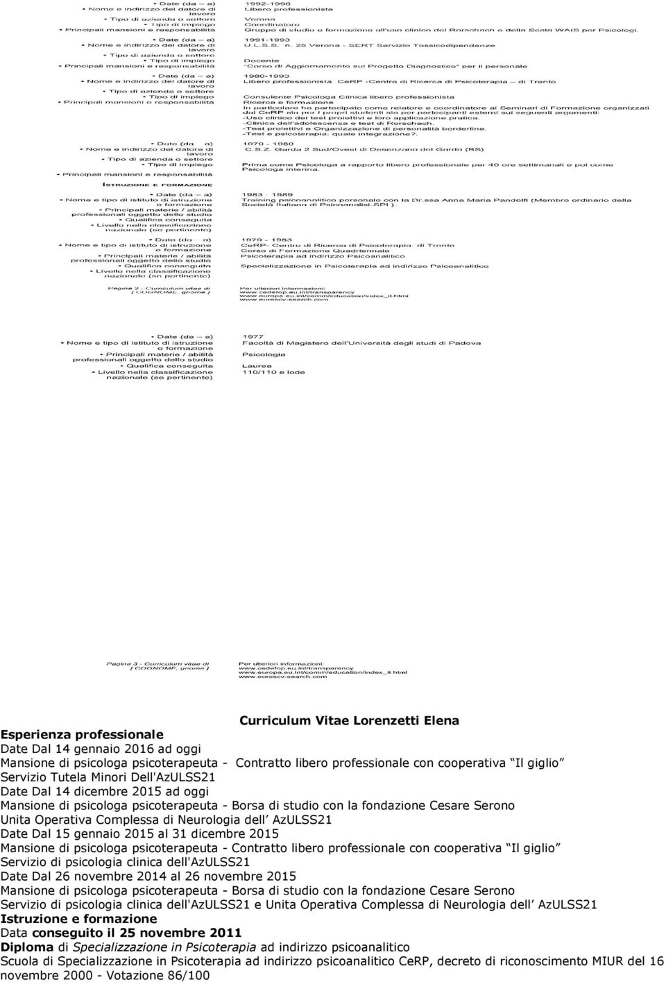 AzULSS21 Date Dal 15 gennaio 2015 al 31 dicembre 2015 Mansione di psicologa psicoterapeuta - Contratto libero professionale con cooperativa Il giglio Servizio di psicologia clinica dell'azulss21 Date