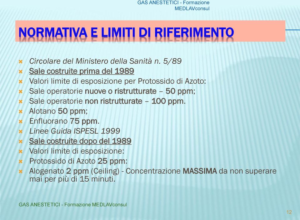 ppm; Sale operatorie non ristrutturate 100 ppm. Alotano 50 ppm; Enfluorano 75 ppm.