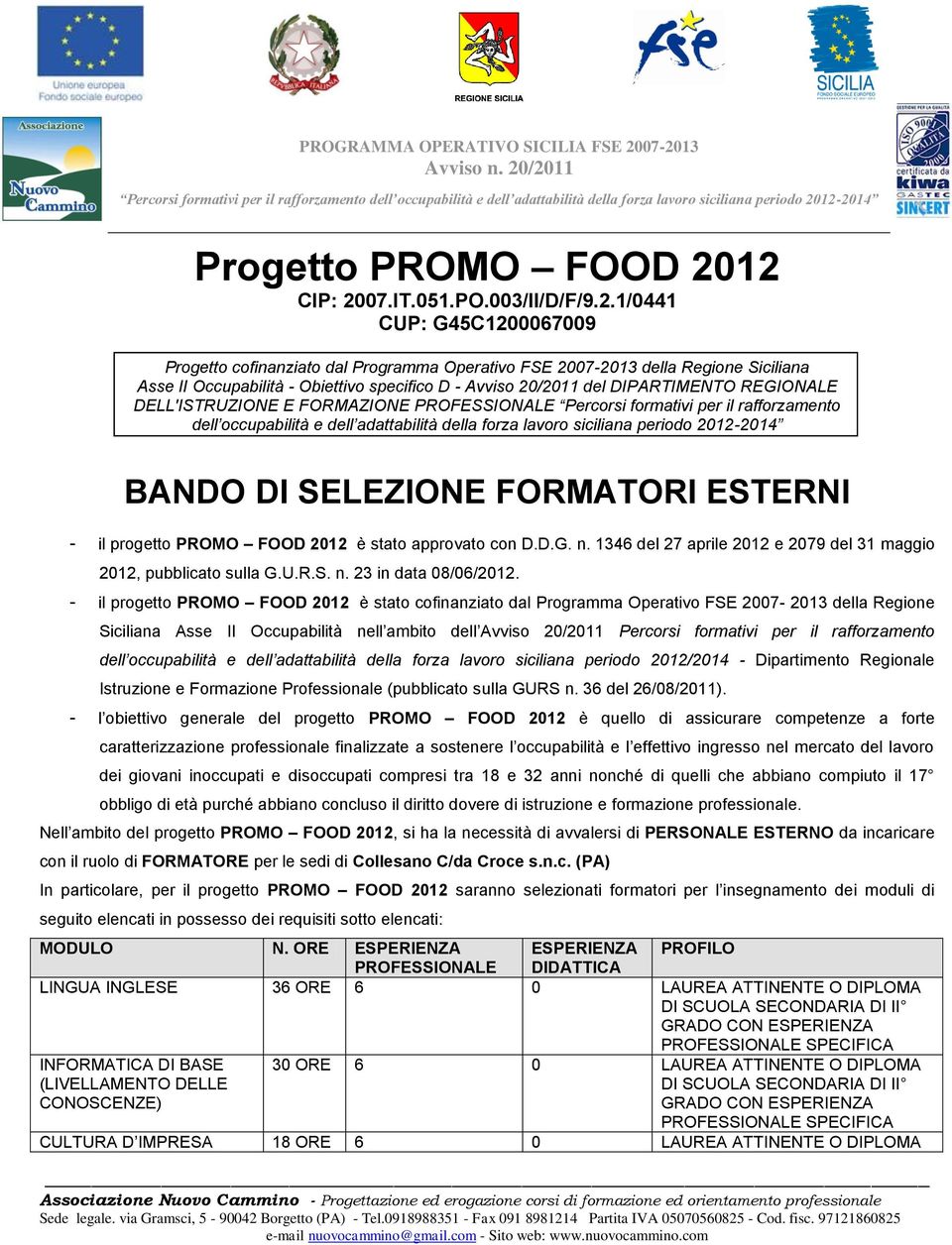 Avviso 20/2011 del DIPARTIMENTO REGIONALE DELL'ISTRUZIONE E FORMAZIONE PROFESSIONALE Percorsi formativi per il rafforzamento dell occupabilità e dell adattabilità della forza lavoro siciliana periodo