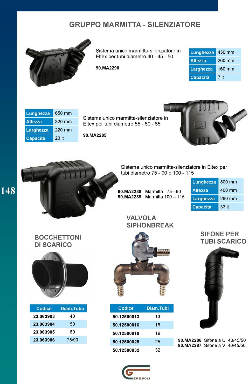 55-60 - 65 90.MA2285 Sistema unico marmitta-silenziatore in Eltex per tubi diametro 75-90 o 100-115 148 90.MA2288 Marmitta 75-90 90.