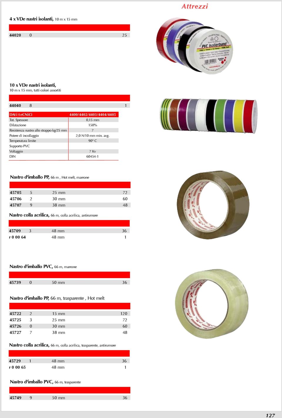 Temperatura limite 90 C Supporto PVC Voltaggio 7 Kv DIN 60454-1 Nastro d'imballo PP, 66 m, Hot melt, marrone 45705 5 25 mm 72 45706 2 30 mm 60 45707 9 38 mm 48 Nastro colla acrilica, 66 m, colla