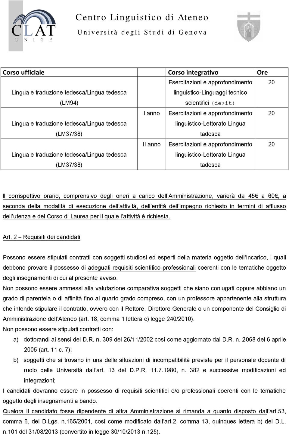 Amministrazione, varierà da 45 a 60, a seconda della modalità di esecuzione dell attività, dell entità dell impegno richiesto in termini di afflusso dell utenza e del Corso di Laurea per il quale l