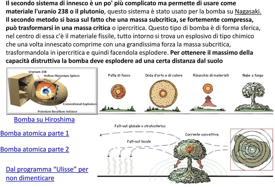 Questo tipo di bomba è di forma sferica, nel centro di essa c'è il materiale fissile, tutto intorno si trova un esplosivo di tipo chimico che una volta innescato comprime con una grandissima forza la