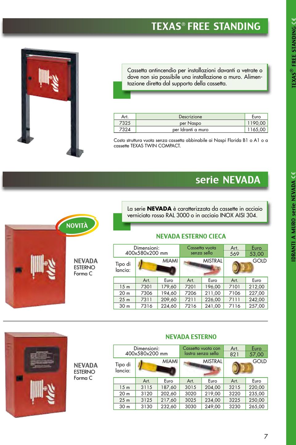 NOVITÀ NEVADA ESTERNO Forma C Tipo di lancia: Dimensioni: 400x580x200 mm serie NEVADA La serie NEVADA è caratterizzata da cassette in acciaio verniciato rosso RAL 3000 o in acciaio INOX AISI 304.