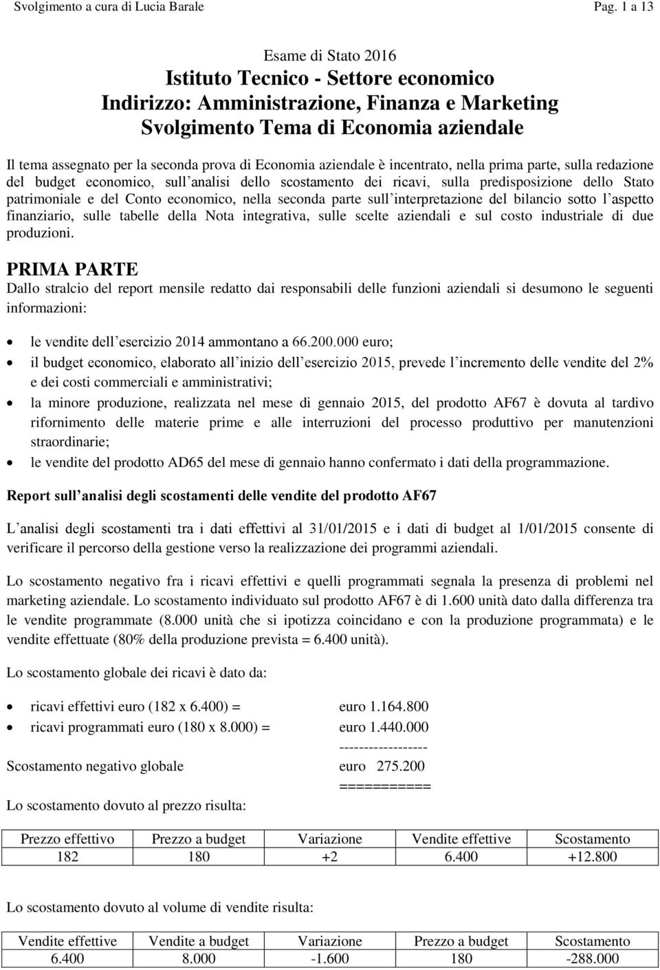 Economia aziendale è incentrato, nella prima parte, sulla redazione del budget economico, sull analisi dello scostamento dei ricavi, sulla predisposizione dello Stato patrimoniale e del Conto