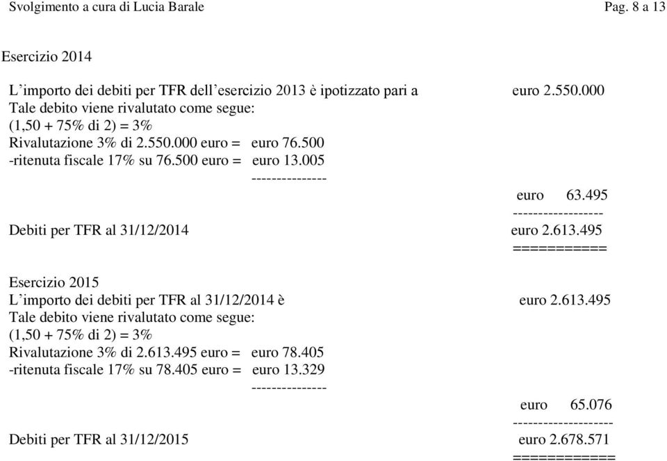 005 --------------- euro 63.495 ------------------ Debiti per TFR al 31/12/2014 euro 2.613.495 =========== Esercizio 2015 L importo dei debiti per TFR al 31/12/2014 è euro 2.613.495 Tale debito viene rivalutato come segue: (1,50 + 75% di 2) = 3% Rivalutazione 3% di 2.