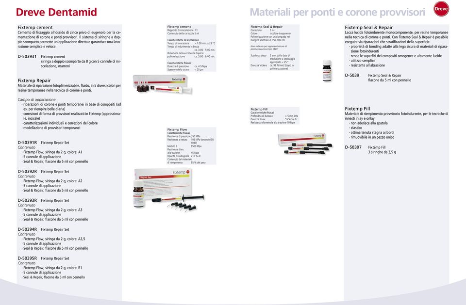 D-503931 Fixtemp cement siringa a doppio scomparto da 8 g con 5 cannule di miscelazione, marroni Fixtemp cement Rapporto di miscelazione 1:1 della cartuccia 5 ml Caratteristiche di lavorazione Tempo