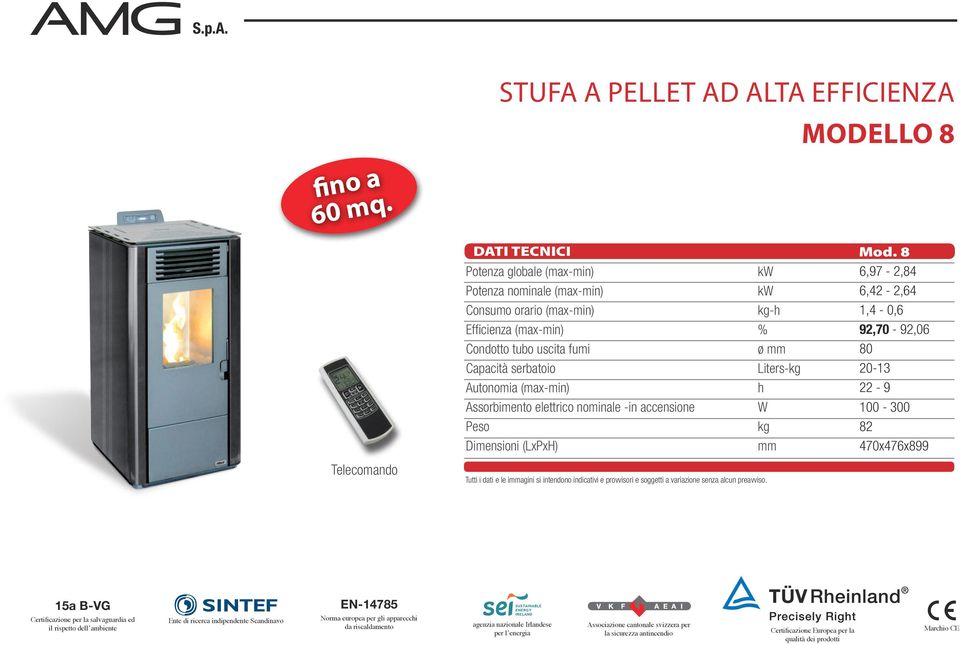 fumi Capacità serbatoio Autonomia (max-min) Assorbimento elettrico nominale -in accensione Dimensioni (LxPxH) kg-h ø Liters-kg h kg