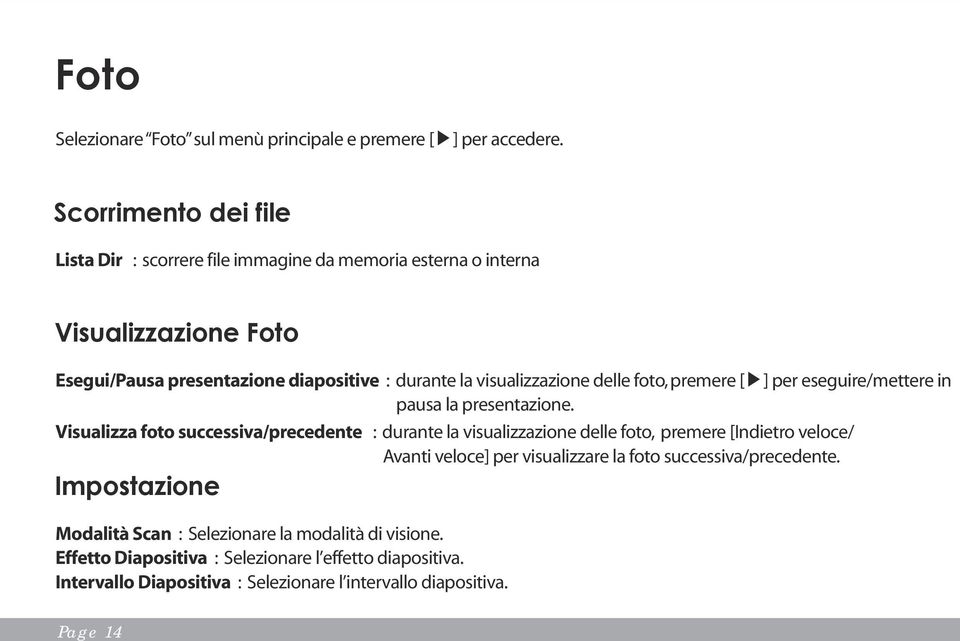 visualizzazione delle foto, premere [ ] per eseguire/mettere in pausa la presentazione.