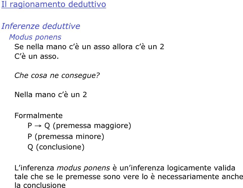 Nella mano c è un 2 Formalmente P " Q (premessa maggiore) P (premessa minore) Q