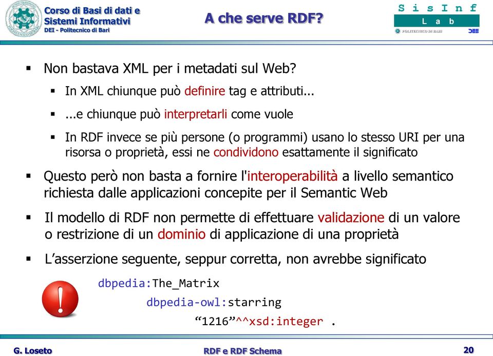 il significato Questo però non basta a fornire l'interoperabilità a livello semantico richiesta dalle applicazioni concepite per il Semantic Web Il modello di RDF non