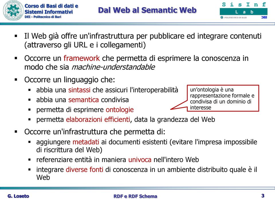 efficienti, data la grandezza del Web Occorre un'infrastruttura che permetta di: aggiungere metadati ai documenti esistenti (evitare l'impresa impossibile di riscrittura del Web) referenziare entità