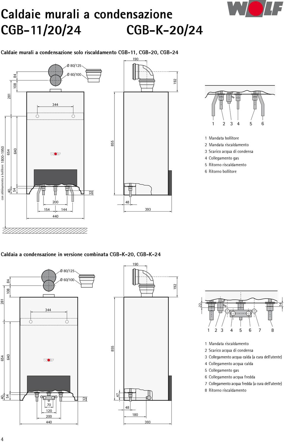 bollitore 154 144 393 440 Caldaia a condensazione in versione combinata CGB-K-20, CGB-K-24 190 Ø 80/125 281 640 108 84 40 654 54 344 Ø 60/100 855 47 32 192 22 1 2 3 4 5 6 7 8 14 1 Mandata