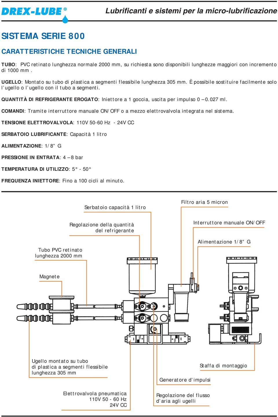 QUANTITÀ DI REFRIGERANTE EROGATO: Iniettore a 1 goccia, uscita per impulso 0 0.027 ml. COMANDI: Tramite interruttore manuale ON/OFF o a mezzo elettrovalvola integrata nel sistema.