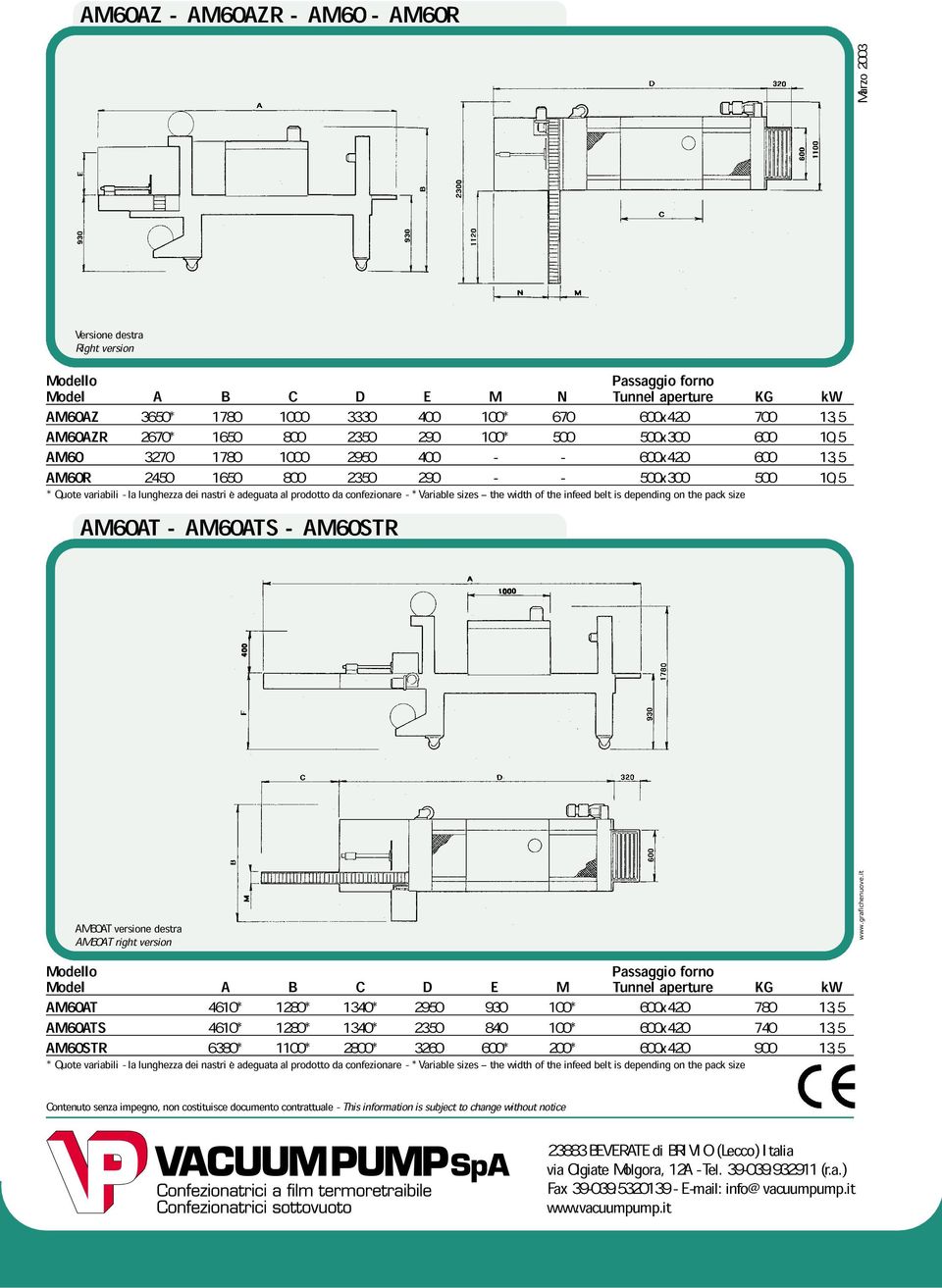 al prodotto da confezionare - * Variable sizes the width of the infeed belt is depending on the pack size AM60AT - AM60ATS - AM60AT versione destra AM60AT right version Modello Model A B C D E M
