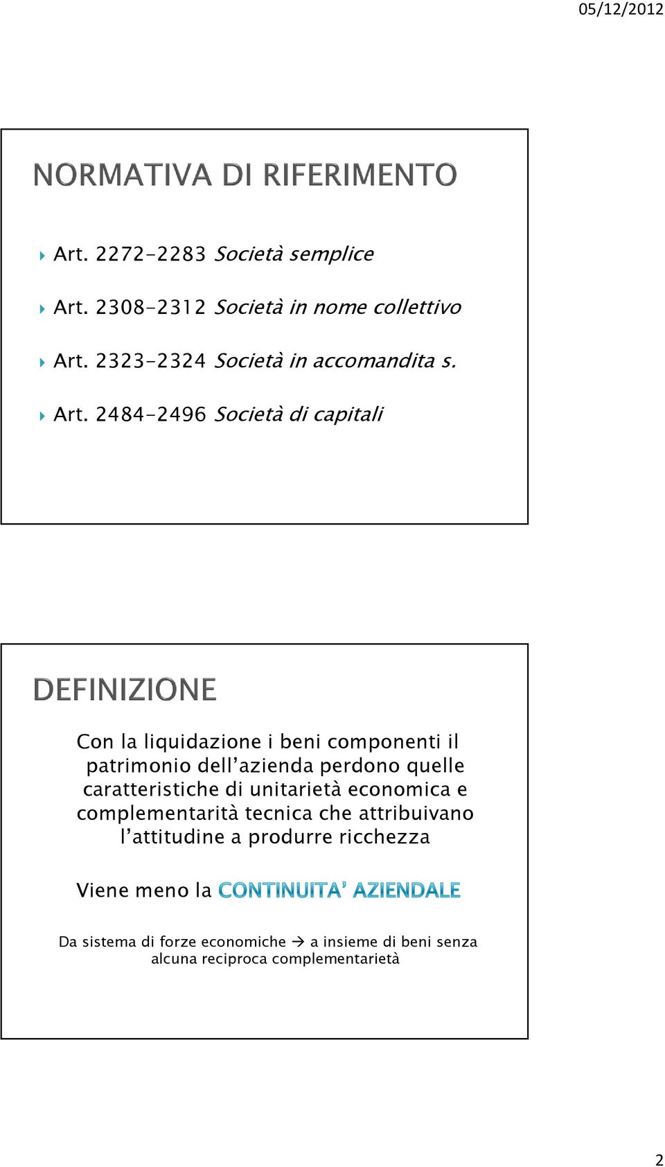 2484-2496 Società di capitali Con la liquidazione i beni componenti il patrimonio dell azienda perdono quelle