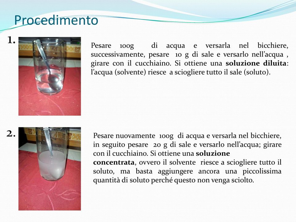 Pesare nuovamente 100g di acqua e versarla nel bicchiere, in seguito pesare 20 g di sale e versarlo nell acqua; girare con il cucchiaino.