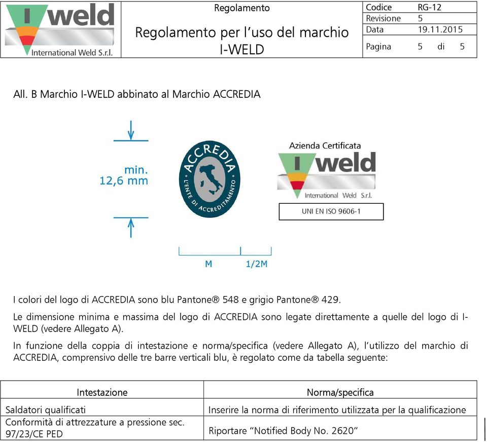 Le dimensione minima e massima del logo di ACCREDIA sono legate direttamente a quelle del logo di I- WELD (vedere Allegato A).