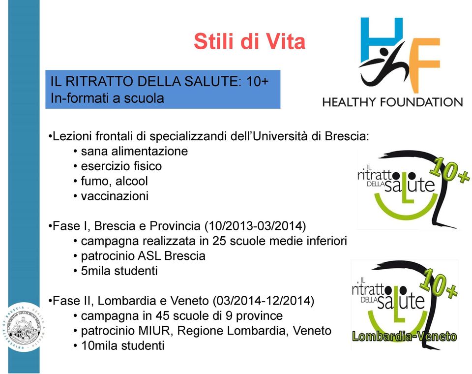 (10/2013-03/2014) campagna realizzata in 25 scuole medie inferiori patrocinio ASL Brescia 5mila studenti Fase II,