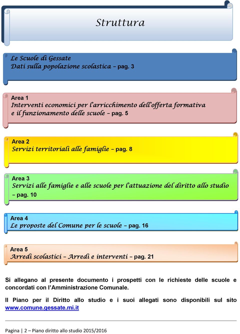 8 Area 3 Servizi alle famiglie e alle scuole per l attuazione del diritto allo studio pag. 10 Area 4 Le proposte del Comune per le scuole pag.