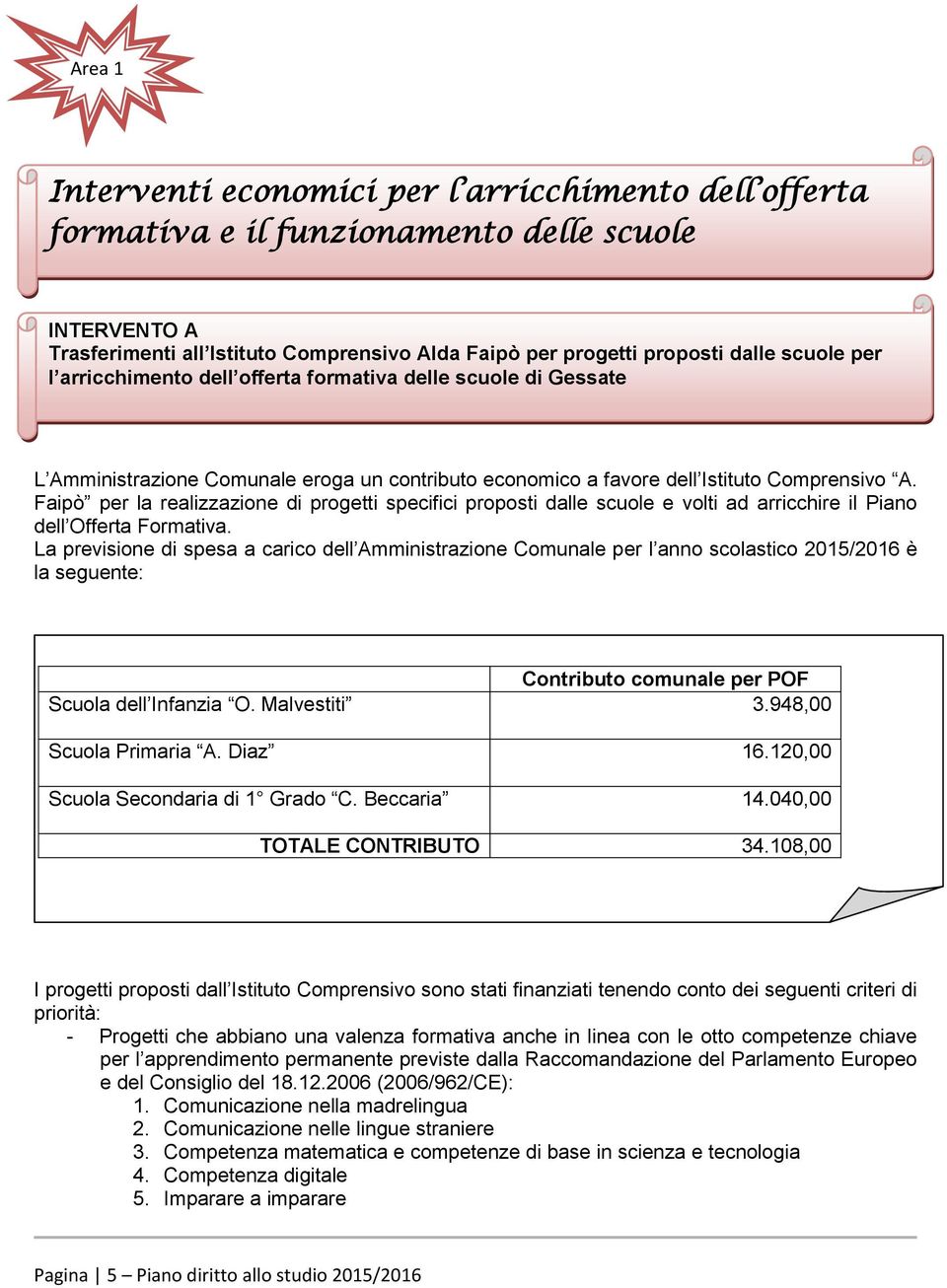 Faipò per la realizzazione di progetti specifici proposti dalle scuole e volti ad arricchire il Piano dell Offerta Formativa.