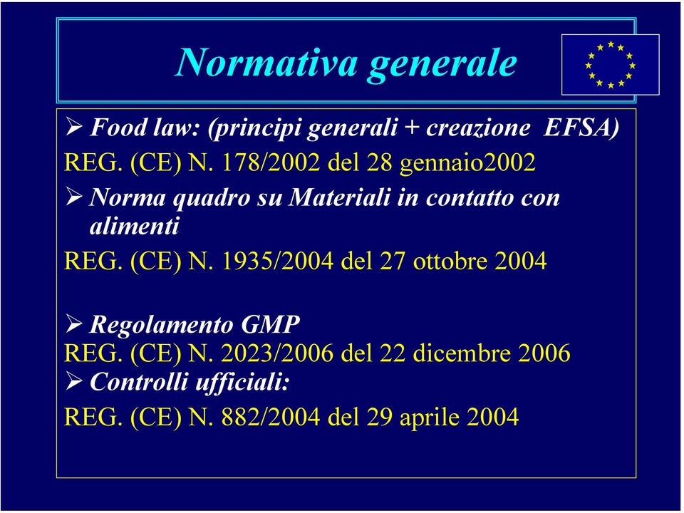 REG. (CE) N. 1935/2004 del 27 ottobre 2004 Regolamento GMP REG. (CE) N. 2023/2006 del 22 dicembre 2006 Controlli ufficiali: REG.