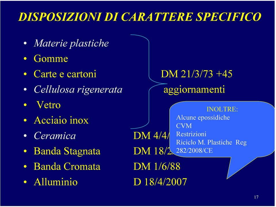 Stagnata DM 18/2/84 Banda Cromata DM 1/6/88 Alluminio D 18/4/2007 aggiornamenti