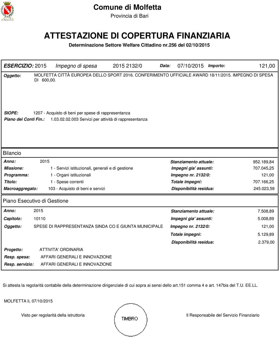 IMPEGNO DI SPESA DI 600,00. SIOPE: 1207 - Acquisto di beni per spese di rappresentanza Piano dei Conti Fin.: 1.03.02.