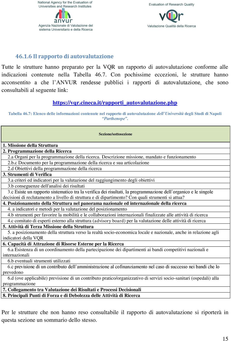 it/rapporti_autovalutazione.php Tabella 46.7: Elenco delle informazioni contenute nel rapporto di autovalutazione dell Università degli Studi di Napoli Parthenope. Sezione/sottosezione 1.