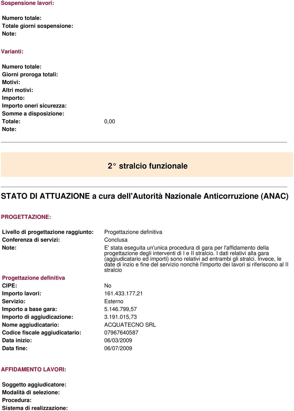 Conclusa E' stata eseguita un'unica procedura di gara per l'affidamento della progettazione degli interventi di I e II stralcio.