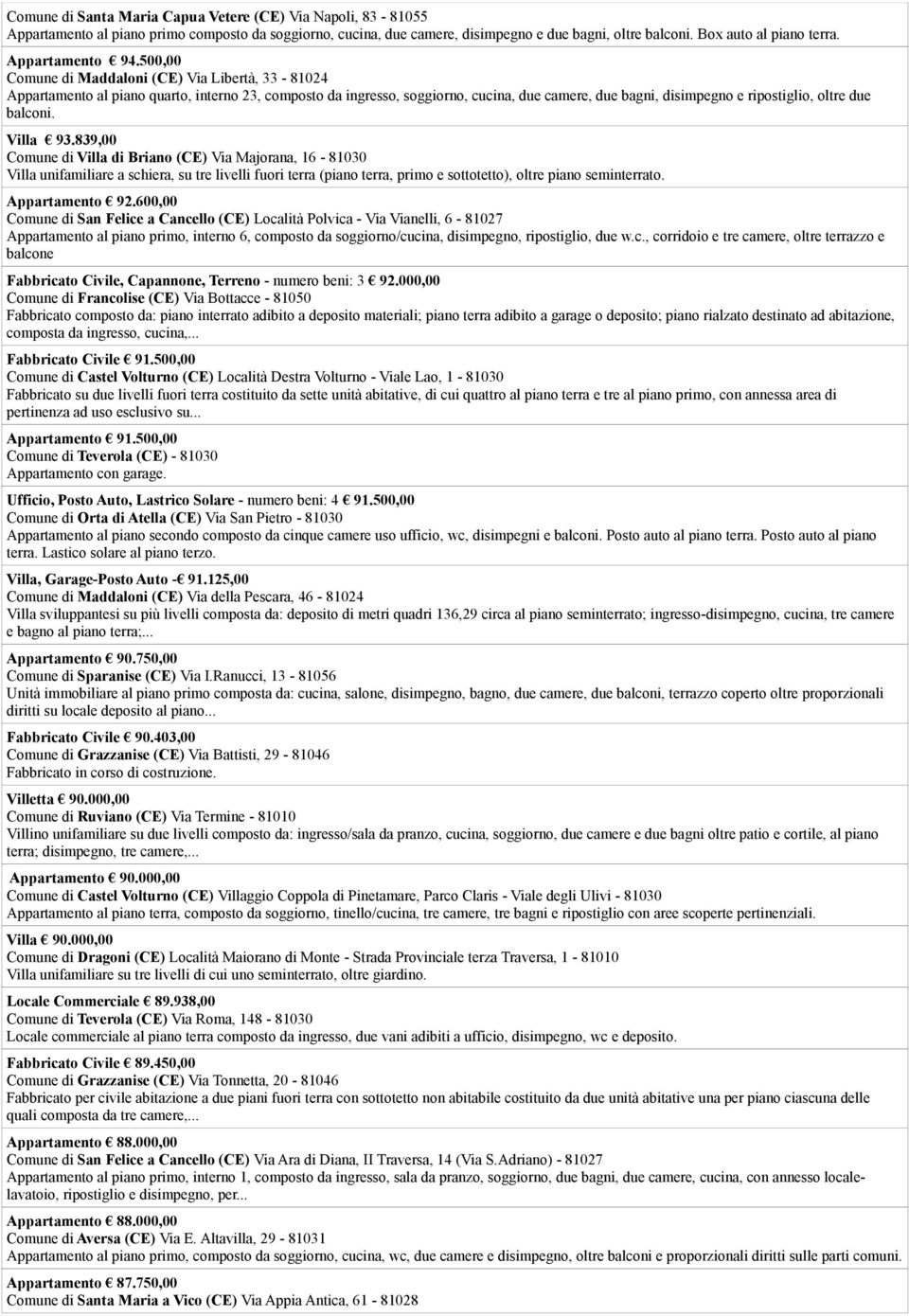 500,00 Comune di Maddaloni (CE) Via Libertà, 33-81024 Appartamento al piano quarto, interno 23, composto da ingresso, soggiorno, cucina, due camere, due bagni, disimpegno e ripostiglio, oltre due