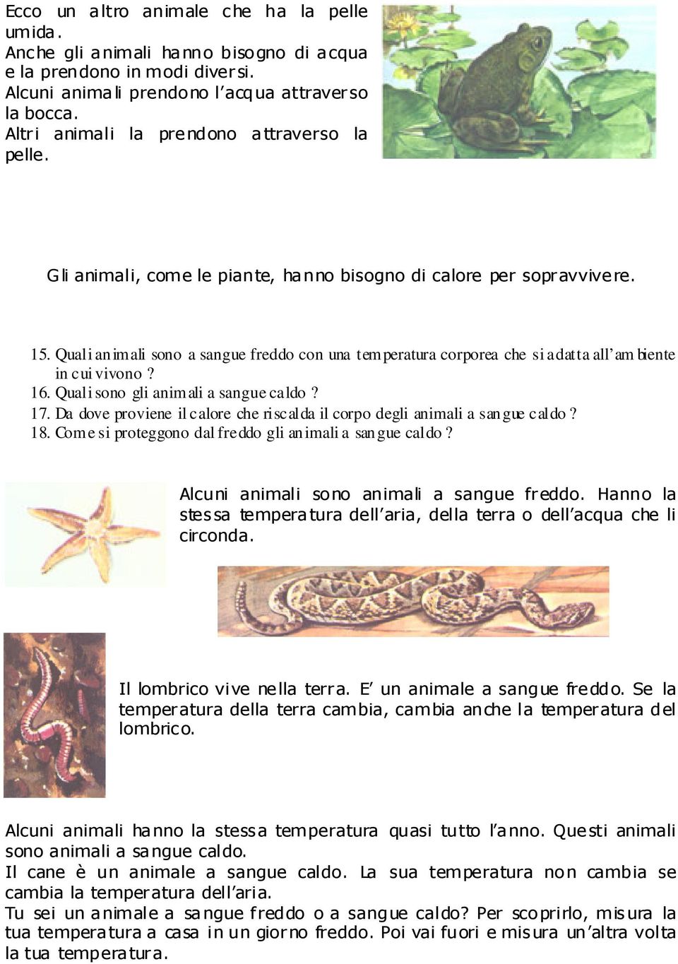 Quali animali sono a sangue freddo con una temperatura corporea che si adatta all am biente in cui vivono? 16. Quali sono gli animali a sangue caldo? 17.