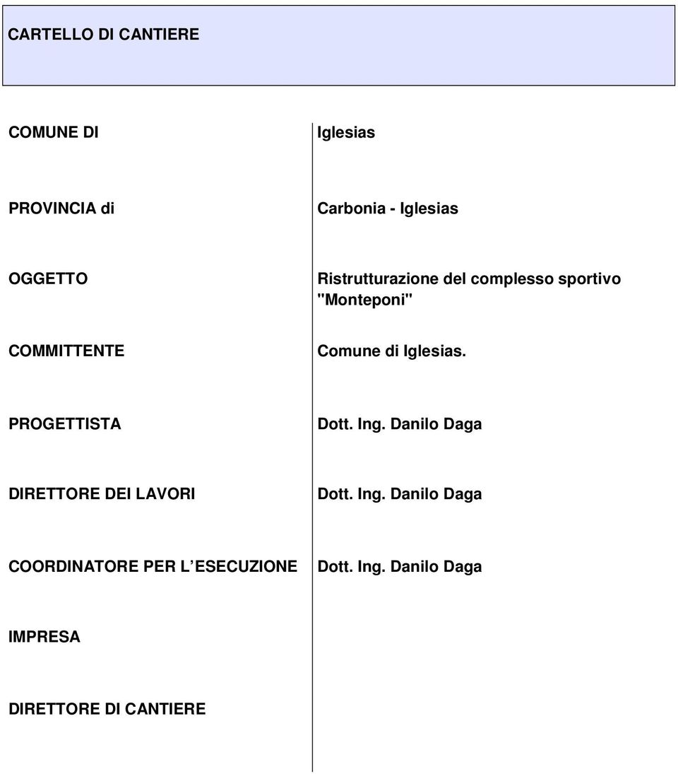 Iglesias. PROGETTISTA Dott. Ing. Danilo Daga DIRETTORE DEI LAVORI Dott. Ing. Danilo Daga COORDINATORE PER L ESECUZIONE Dott.