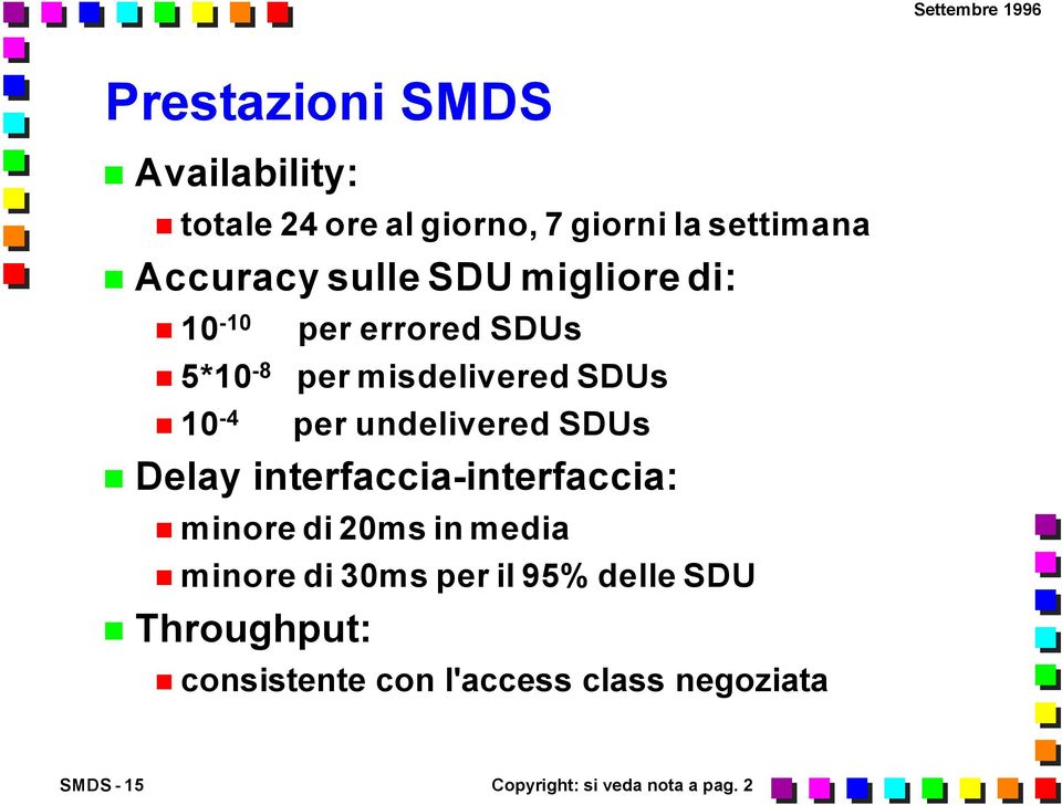 SDUs Delay interfaccia-interfaccia: minore di 20ms in media minore di 30ms per il 95%