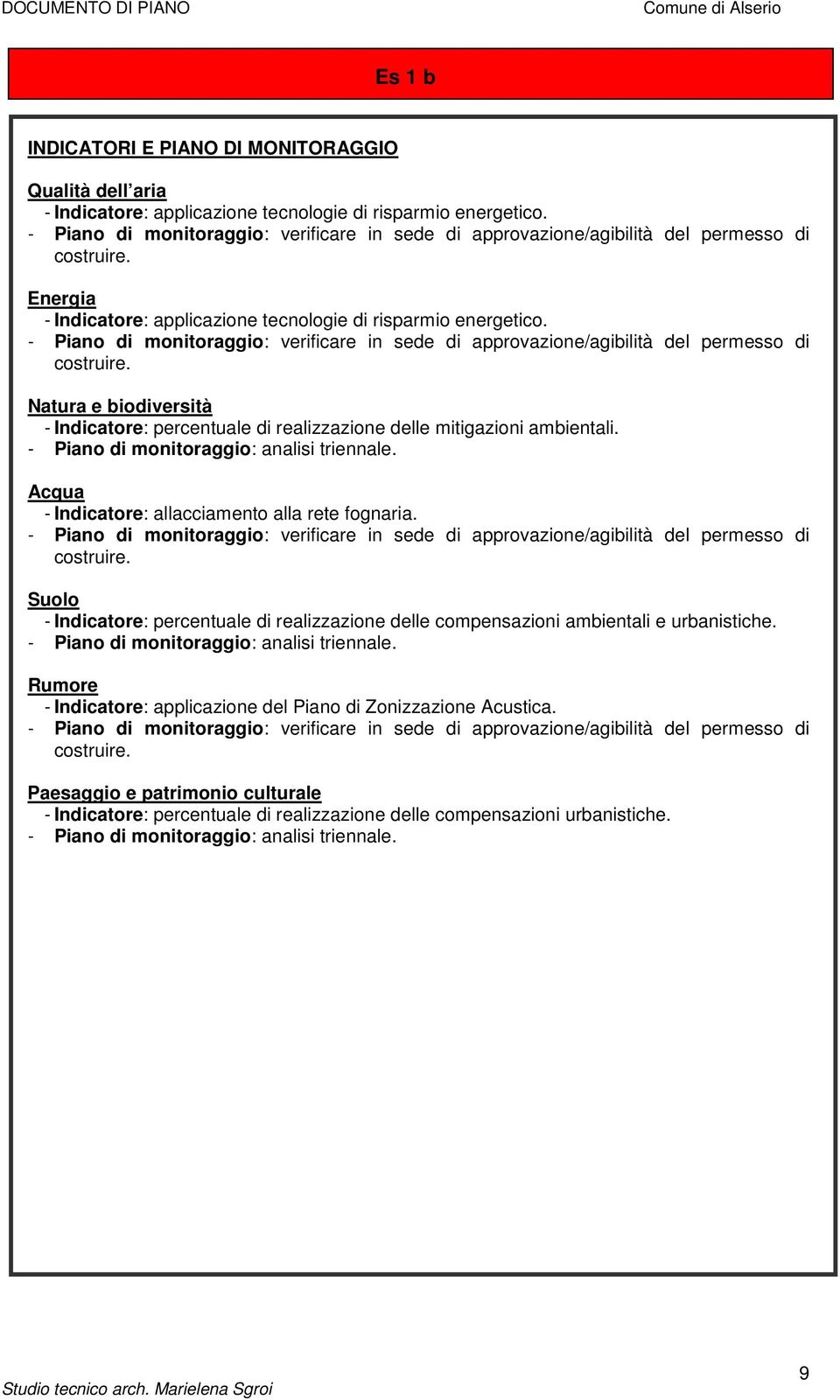 - Piano di monitoraggio: verificare in sede di approvazione/agibilità del permesso di costruire. Natura e biodiversità - Indicatore: percentuale di realizzazione delle mitigazioni ambientali.