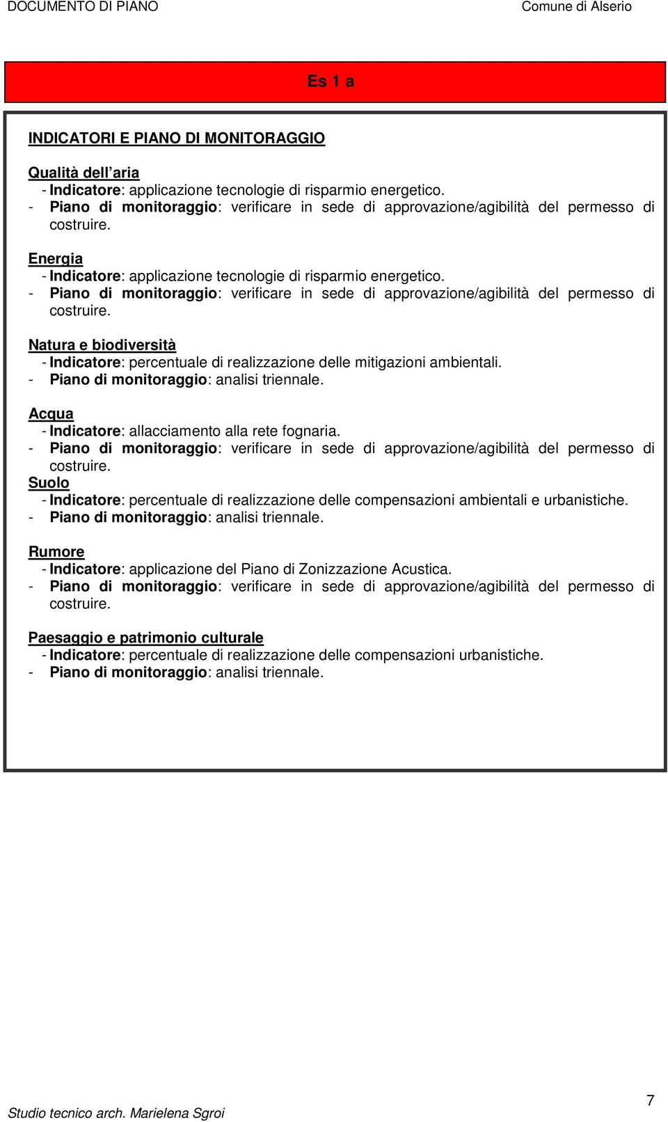 - Piano di monitoraggio: verificare in sede di approvazione/agibilità del permesso di costruire. Natura e biodiversità - Indicatore: percentuale di realizzazione delle mitigazioni ambientali.