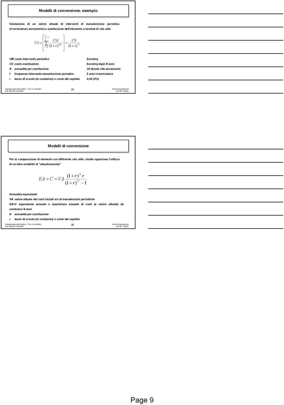 periodica 5 anni riverniciatura r tasso di sconto (in centesimi) o costo del capitale 0,05 (5%) 25 Costi di manutenzione Modelli Modelli di di conversione Per la comparazione di elementi con