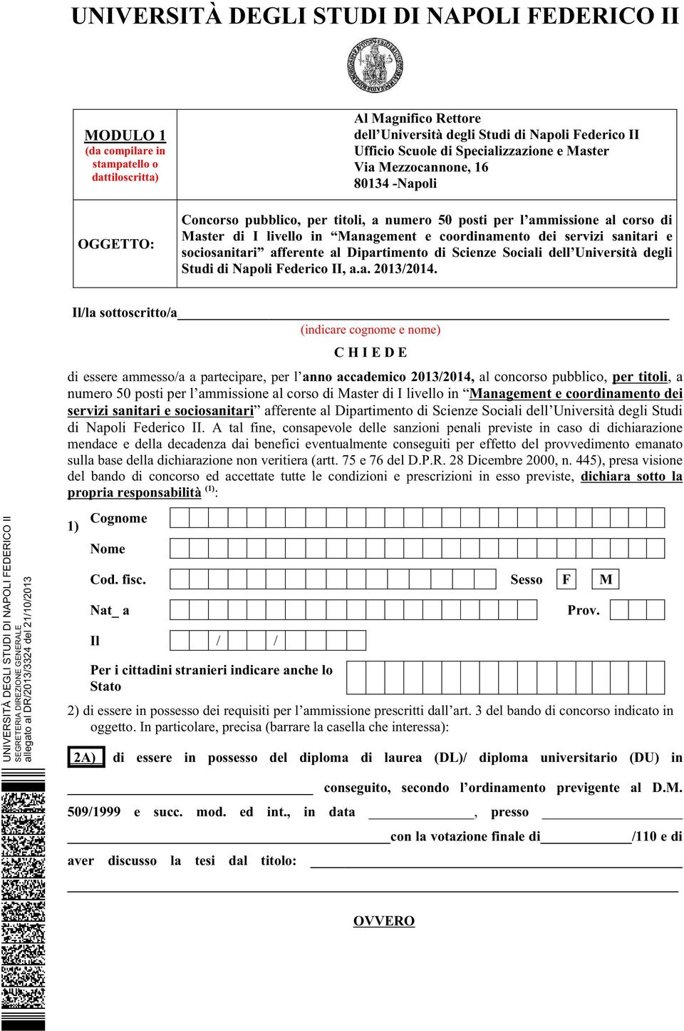 Dipartimento di Scienze Sociali dell Università degli Studi di Napoli Federico II, a.a. 2013/2014.