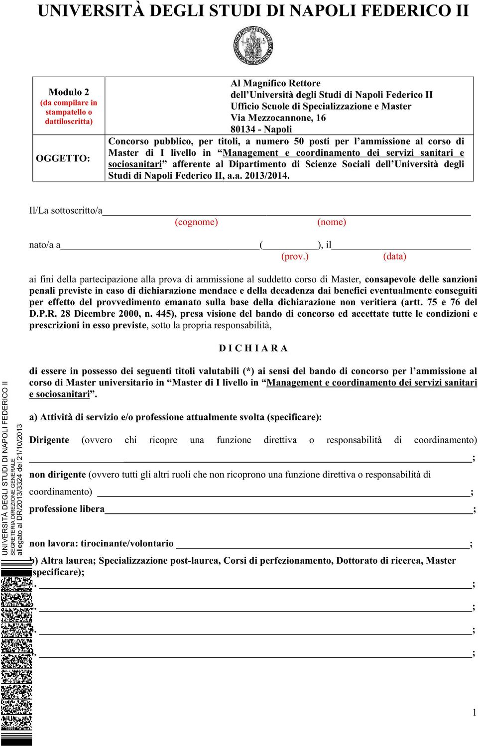 Dipartimento di Scienze Sociali dell Università degli Studi di Napoli Federico II, a.a. 2013/2014.
